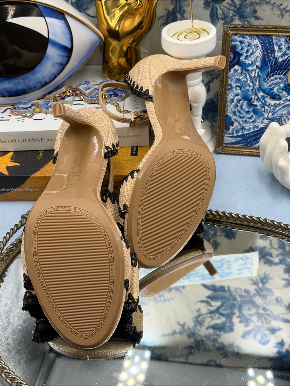 🆕 KG KURT GEIGER 🧿 NWOB Robbie Bow-Embellished Raffia High Heel, Sz 37 US 7 - Picture 14 of 15